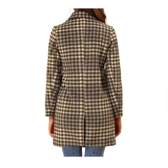 Allegra K Women's Casual Plaid Turn Down Collar Mid Length Woolen Overcoat Coffe - Picture 3 of 9